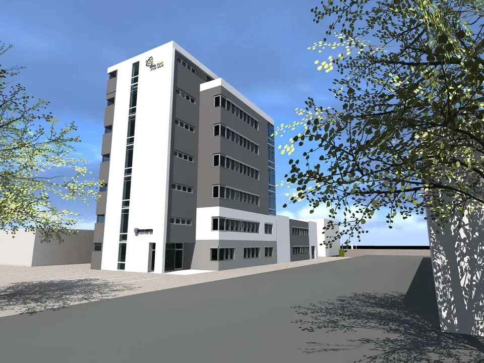 Architekturvisualisierung eines modernen, mehrgeschossigen Bürogebäudes